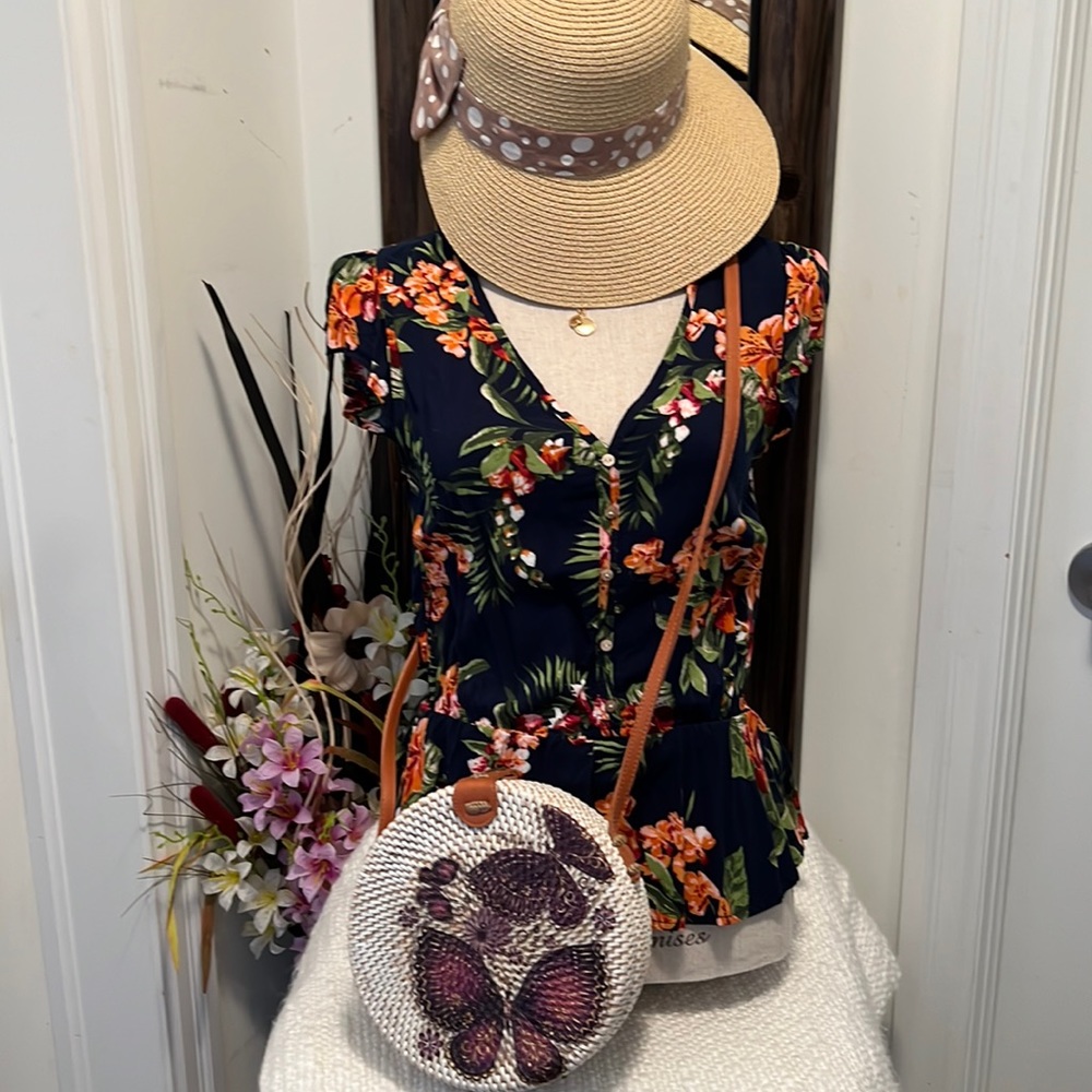 NWOT Round Rattan Crossbody Bag